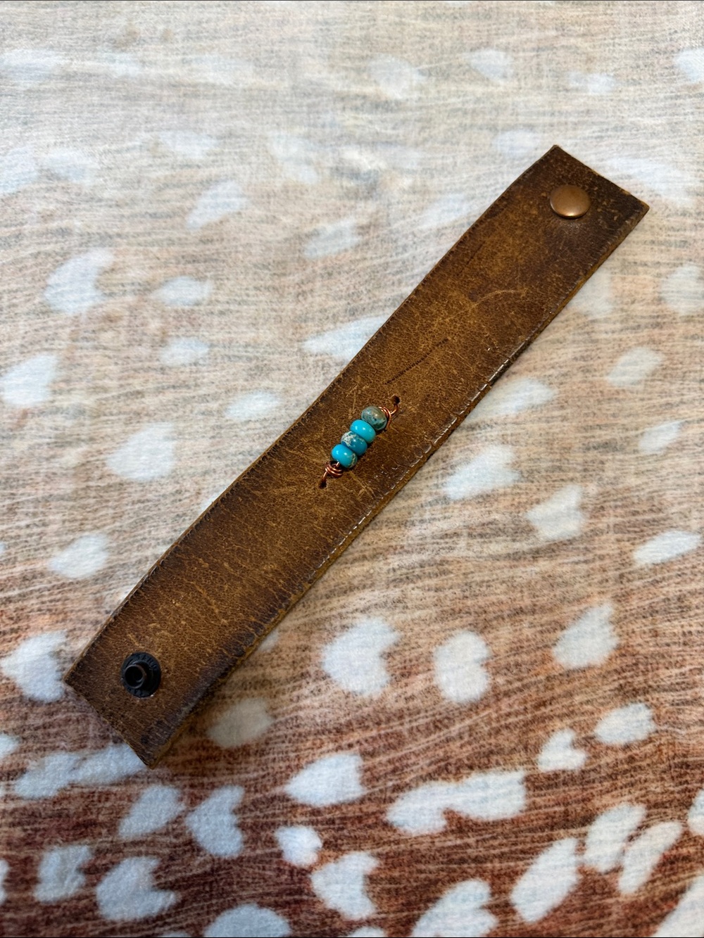 Brown Leather Beaded Snap Bracelet - Turquoise Accent